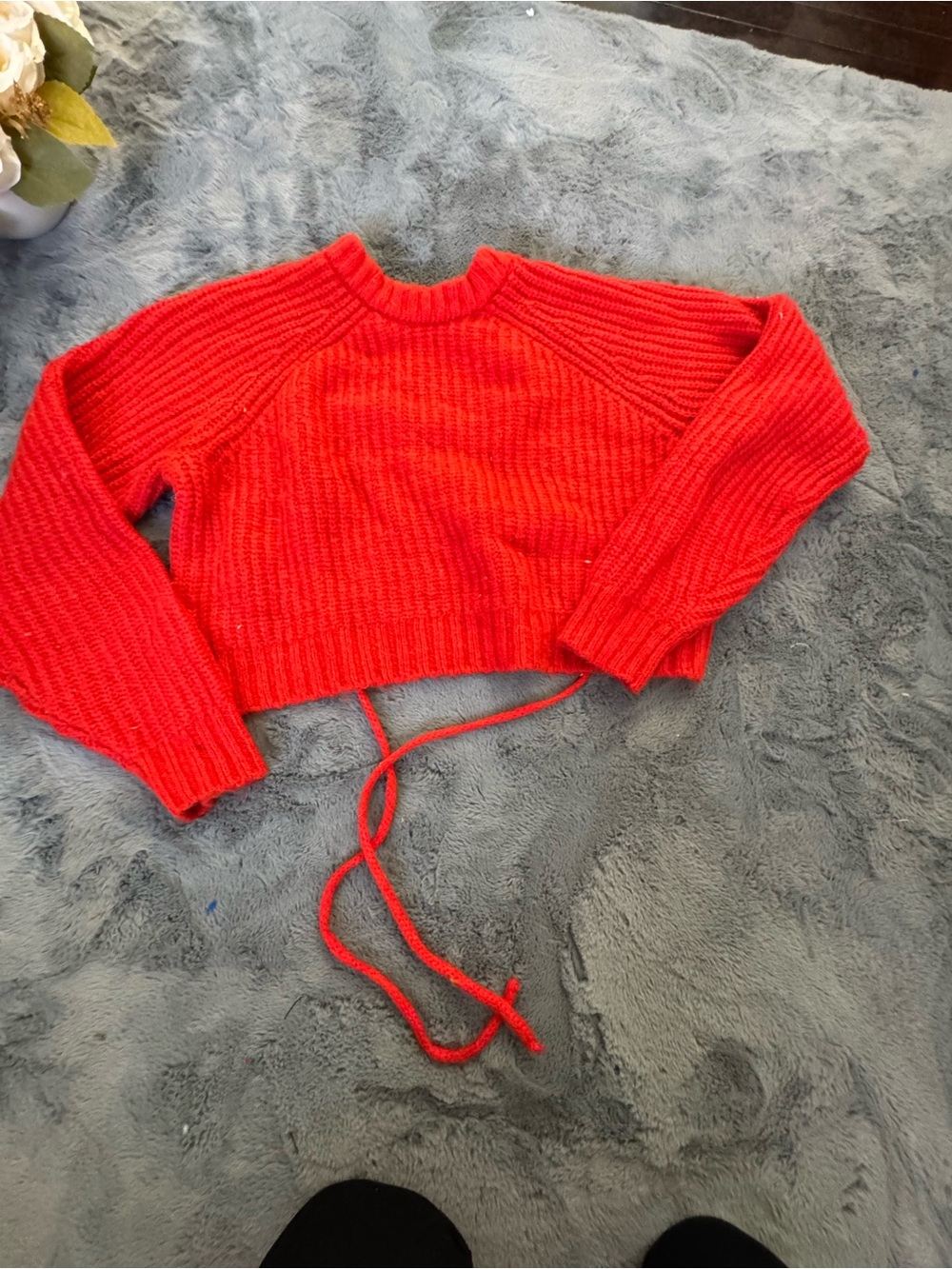 Red Cropped Knit Sweater with Tie Waist